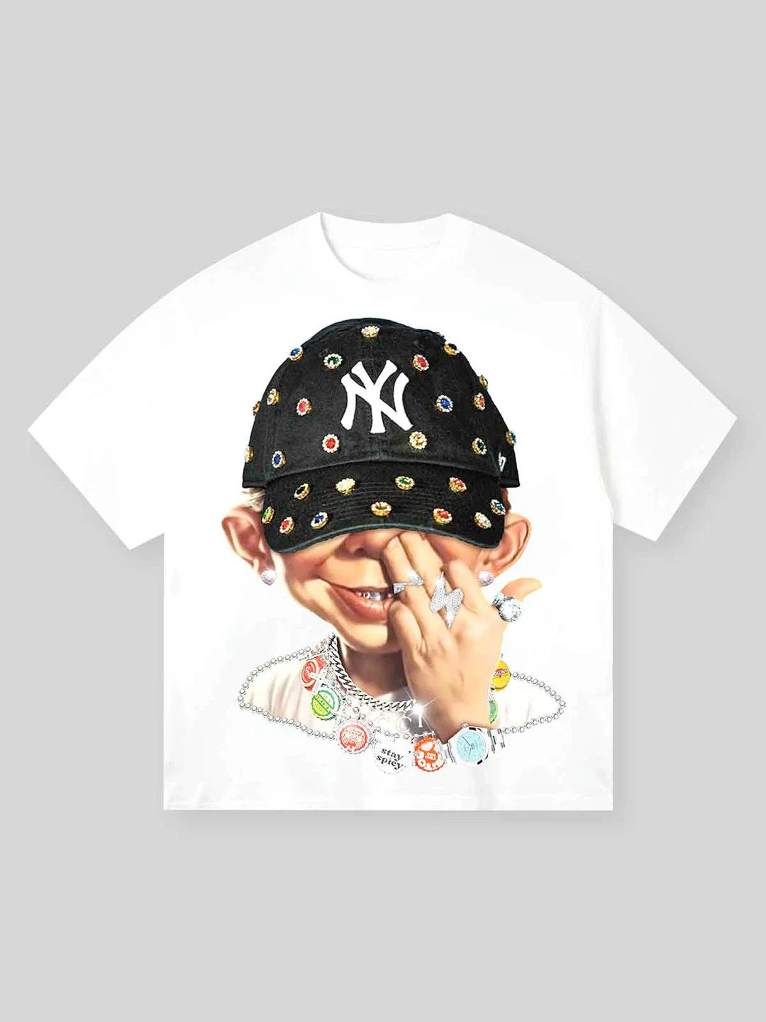 White cotton personality hip hop t-shirt with cartoon boy wearing black new york yankees cap for women casual streetwear round neck tops