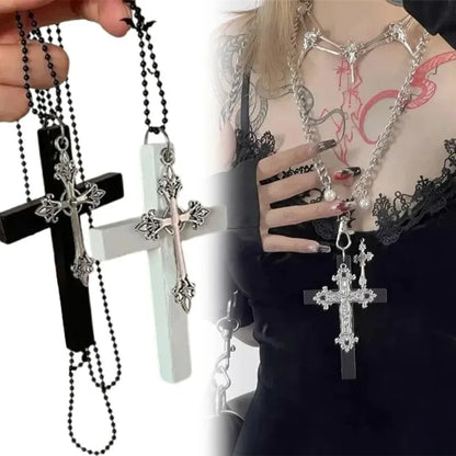 Black and silver ornate cross necklaces with beaded chains featuring personality punk y2k black drill cool style for women vintage spicy gifts