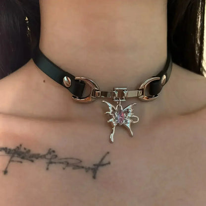 Black leather choker with silver clasp and pink gemstone butterfly pendant for personality punk y2k women vintage spicy style