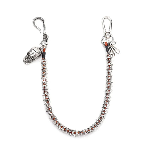 Personalized silver alloy keel pants chain with skull design, spiked links, reddish-brown gemstones, hook and carabiner clip