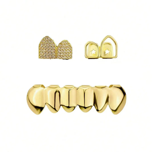 Personalized golden tooth grillz set with diamond-encrusted design and star-cutout accents for shining stage style