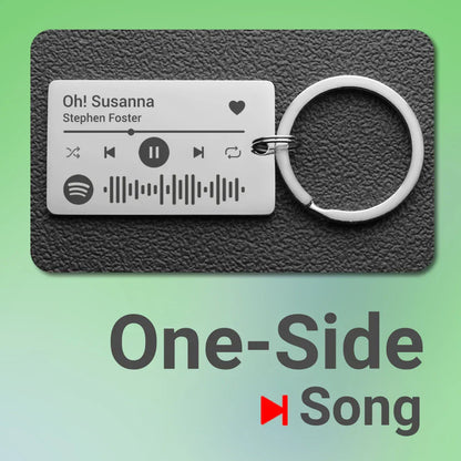 White rectangular personalized custom spotify code keychain with engraved oh susanna song on blessings stainless steel ring