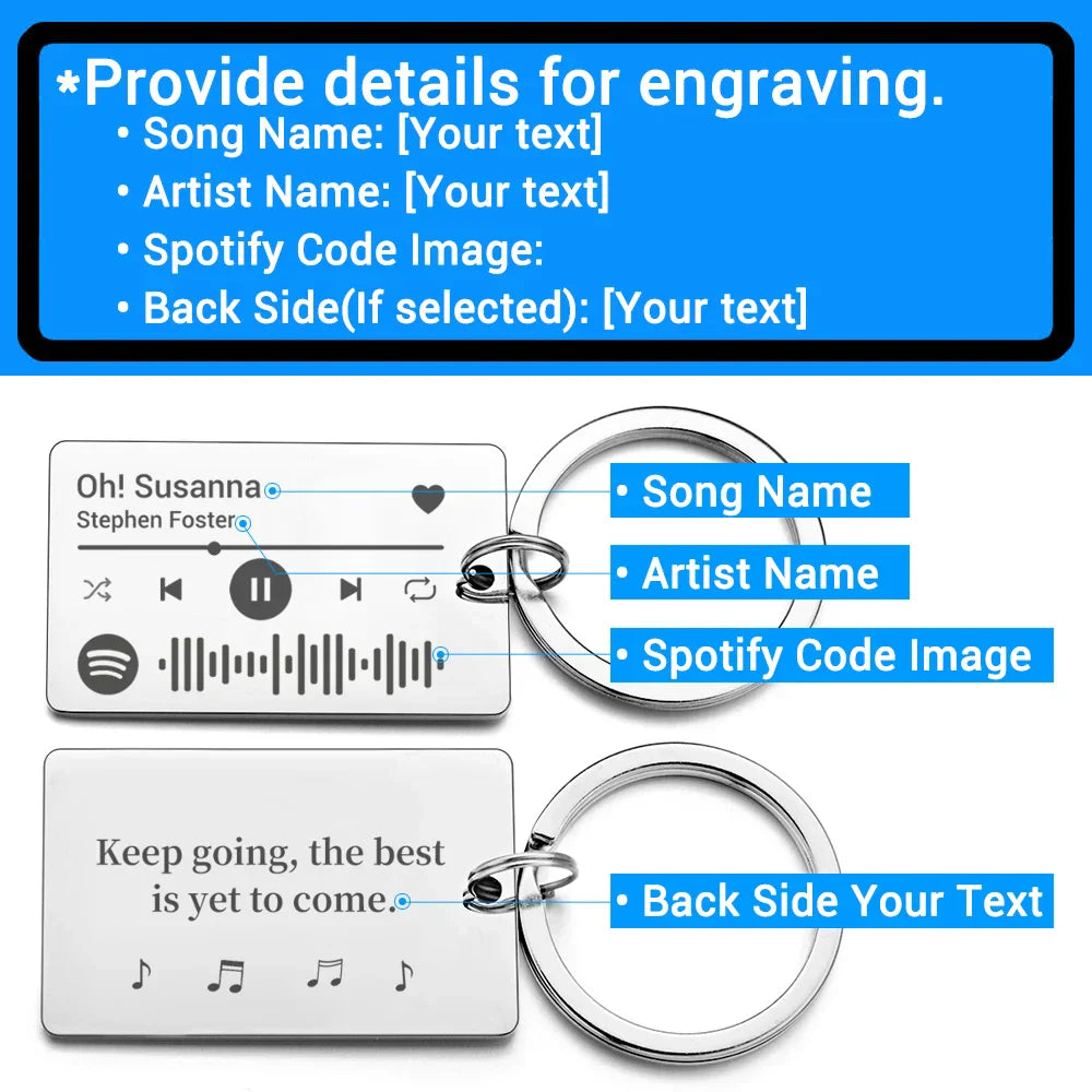 Silver rectangular blessings stainless steel spotify code keychain with song display and engraved custom text on reverse