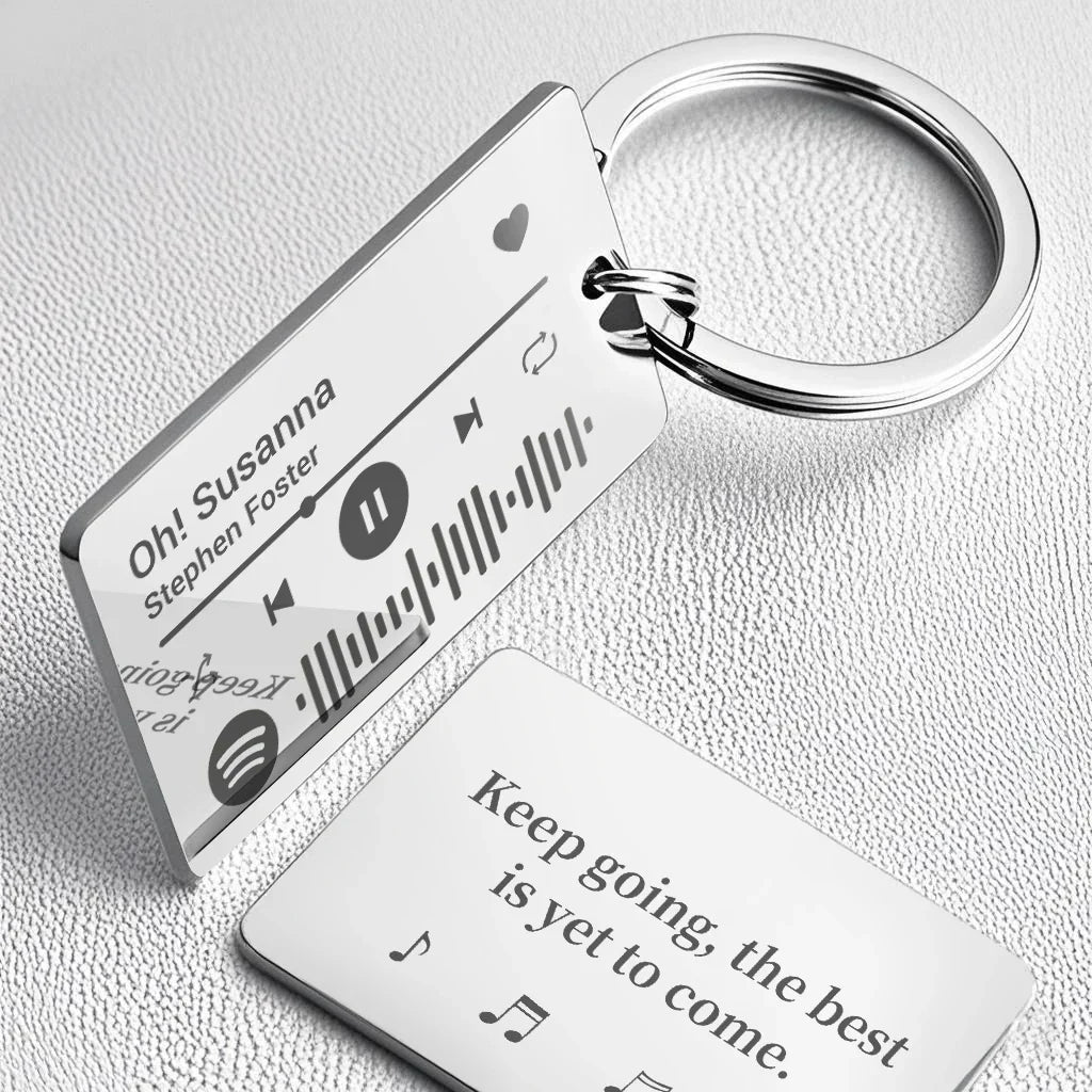 Silver rectangular personalized custom spotify code keychain with oh susanna song design and blessings stainless steel engraving