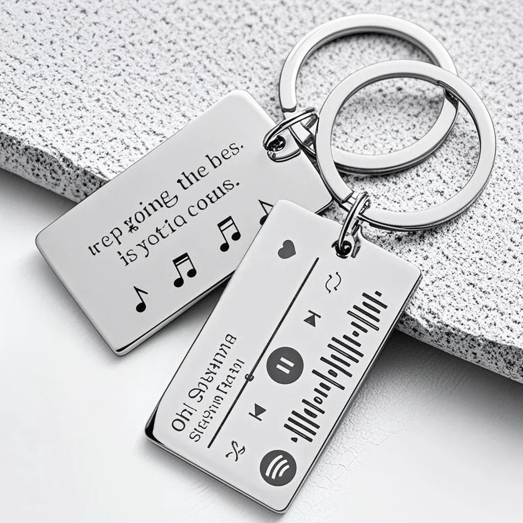 Silver rectangular spotify code keychain with personalized custom spotify song details and blessings stainless steel engraving