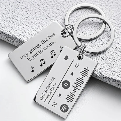 Silver rectangular spotify code keychain with personalized custom spotify song details and blessings stainless steel engraving