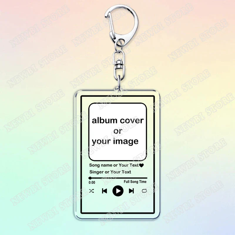 Clear acrylic music keychain custom with silver clasp featuring personalized song singer album cover for boyfriend girlfriend valentines