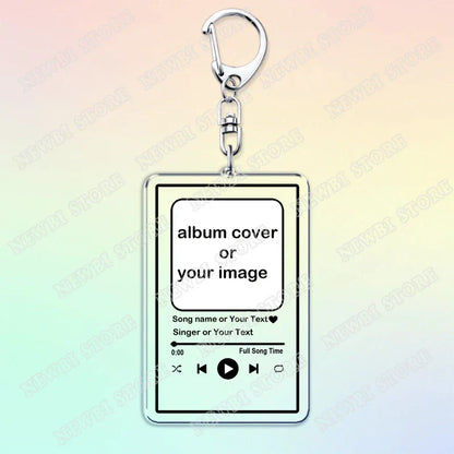 Clear acrylic music keychain custom with silver clasp featuring personalized song singer album cover for boyfriend girlfriend valentines