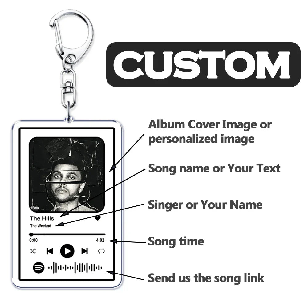 Custom rectangular music keychain with black and white album cover design and silver metal clasp for boyfriend girlfriend valentines gifts