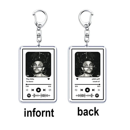 Silver rectangular music keychain custom with black and white spotify design featuring the weeknd for boyfriend girlfriend valentines