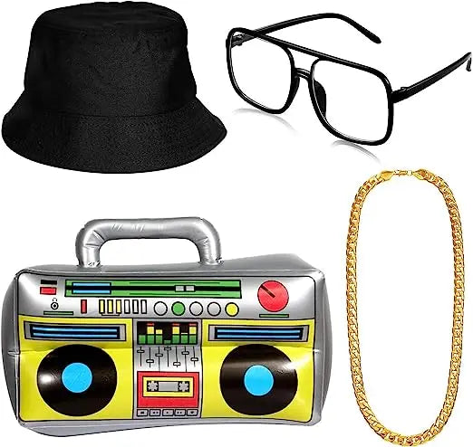 Inflatable silver and yellow boombox with blue record details from pesenar hip hop costume kit for 80s 90s rapper accessories