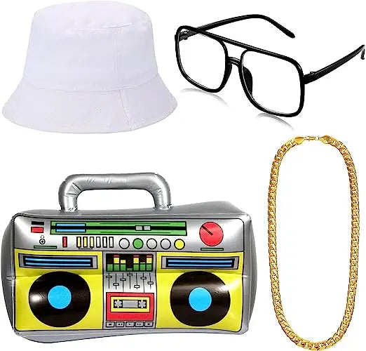 Inflatable boombox with silver handle yellow body and black vinyl record details from pesenar hip hop costume kit accessories
