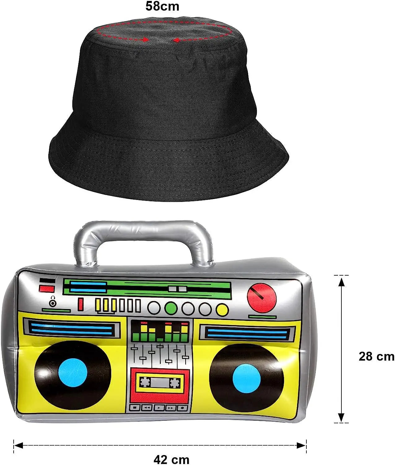 Inflatable boombox cooler with silver handle yellow body and colorful retro vinyl record design for pesenar hip hop kit