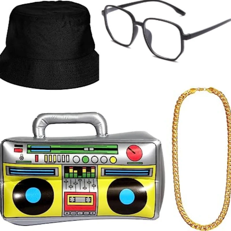 Inflatable boombox with silver handle yellow body colorful buttons and blue record dials from pesenar hip hop costume kit