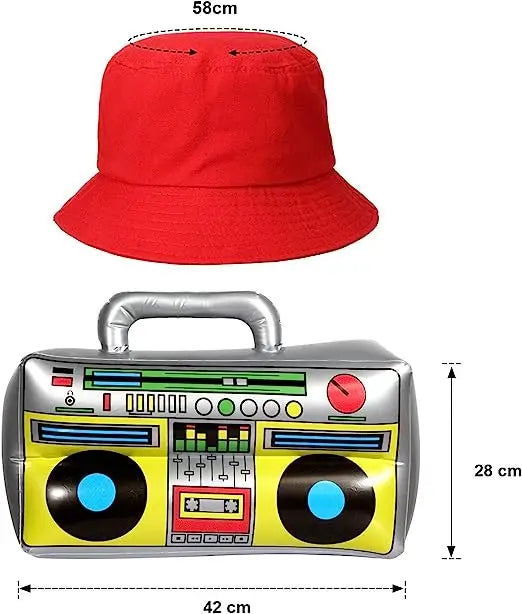 Red inflatable bucket hat with silver handle and yellow boombox design from PESENAR hip hop costume kit accessories