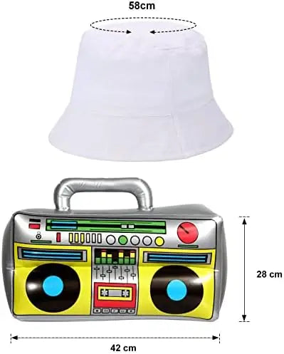 White inflatable bucket hat with boombox design and yellow silver accents from PESENAR hip hop costume kit