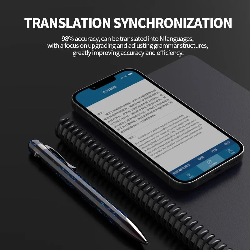 Black smartphone with blue interface showing translation text beside philips professional recording pen with intelligent noise reduction