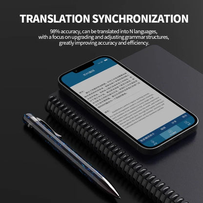 Black smartphone with blue interface showing translation text beside philips professional recording pen with intelligent noise reduction