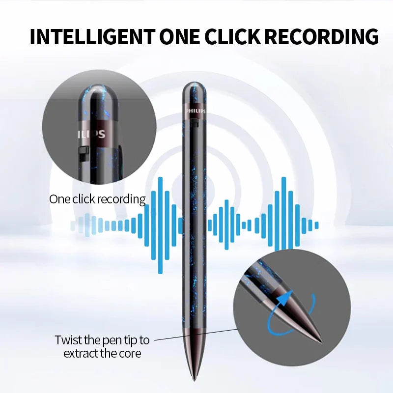 A sleek black philips professional recording pen voice recorder with intelligent noise reduction and one-click recording