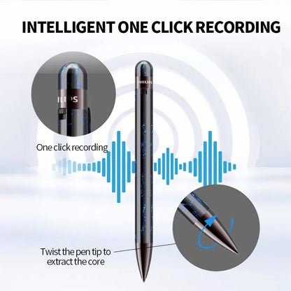 A sleek black philips professional recording pen voice recorder with intelligent noise reduction and one-click recording