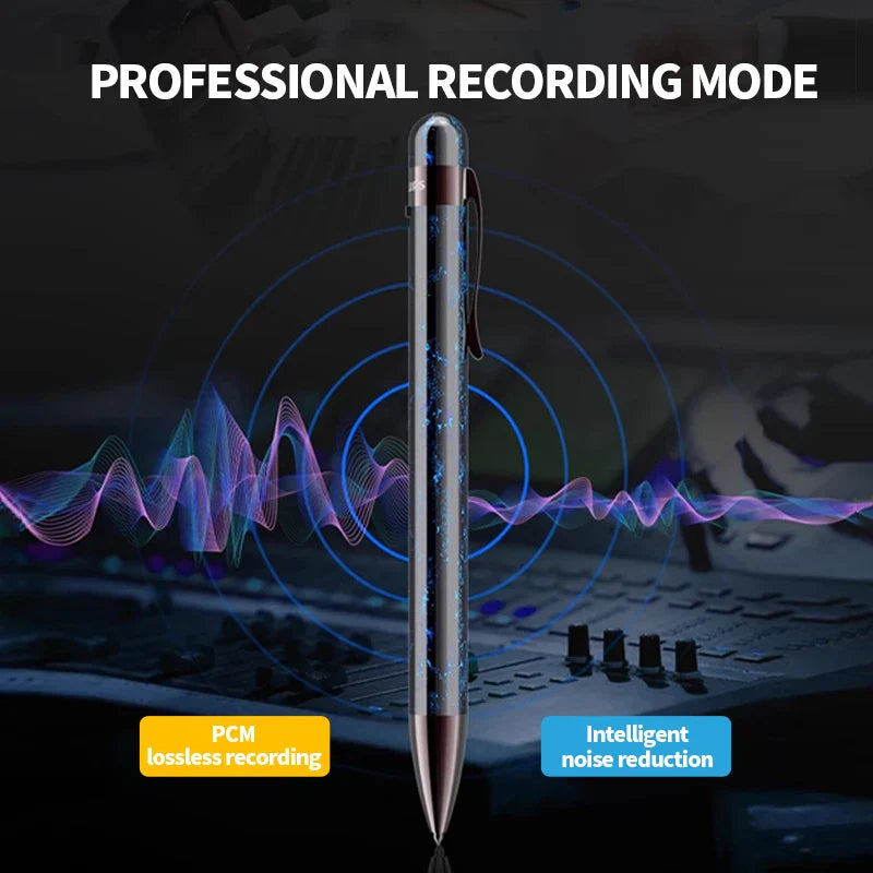 A sleek metallic professional recording pen voice recorder with dark blue silver speckled body and intelligent noise reduction