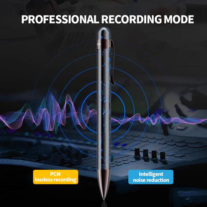 A sleek metallic professional recording pen voice recorder with dark blue silver speckled body and intelligent noise reduction