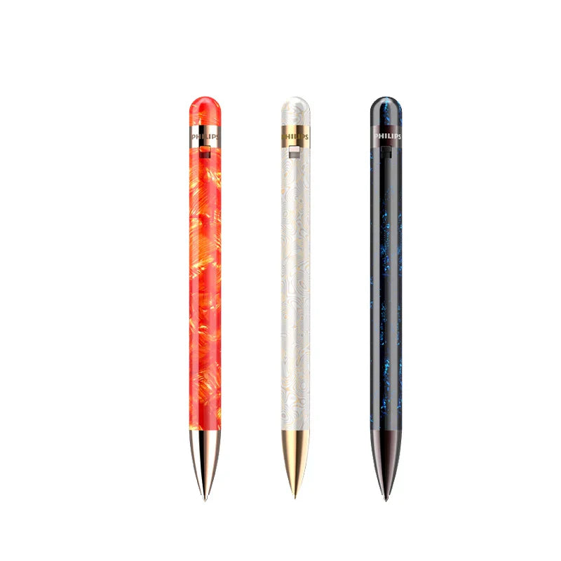 Three philips professional recording pens in orange red white and black with intelligent noise reduction for voice recording
