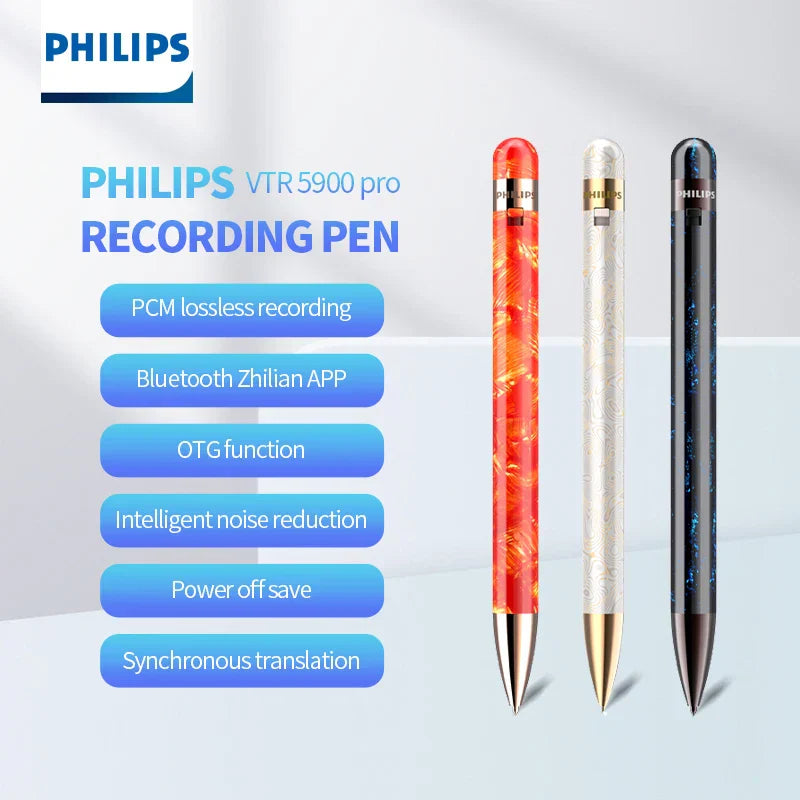 Three Philips professional recording pen voice recorders with intelligent noise reduction in orange marble white and black finishes