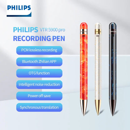 Three Philips professional recording pen voice recorders with intelligent noise reduction in orange marble white and black finishes