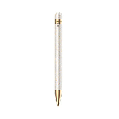 A sleek white professional recording pen voice recorder by philips with gold accents and intelligent noise reduction