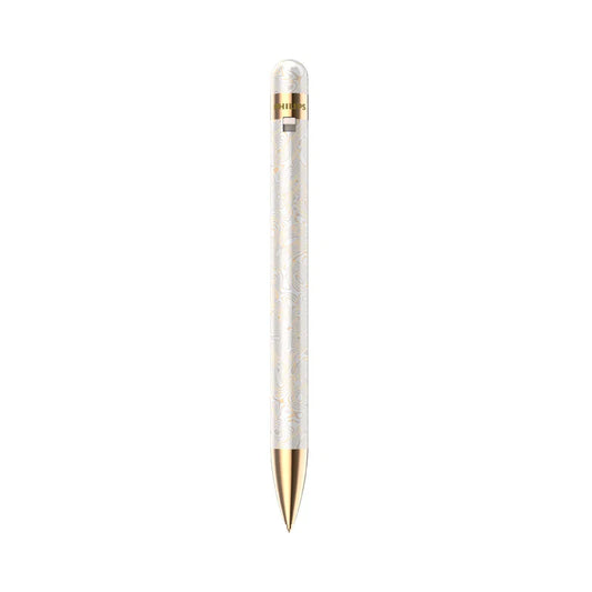 A sleek white professional recording pen voice recorder by philips with gold accents and intelligent noise reduction