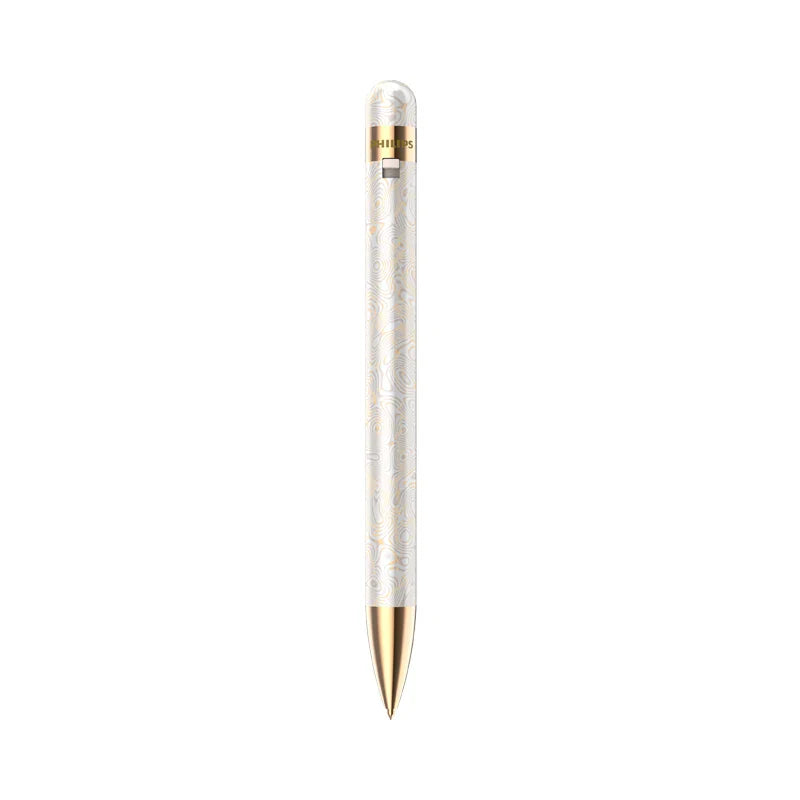 A sleek white philips professional recording pen vtr5900pro with gold accents and intelligent noise reduction