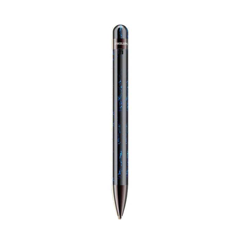 A sleek black philips professional recording pen voice recorder with intelligent noise reduction and blue speckled patterns