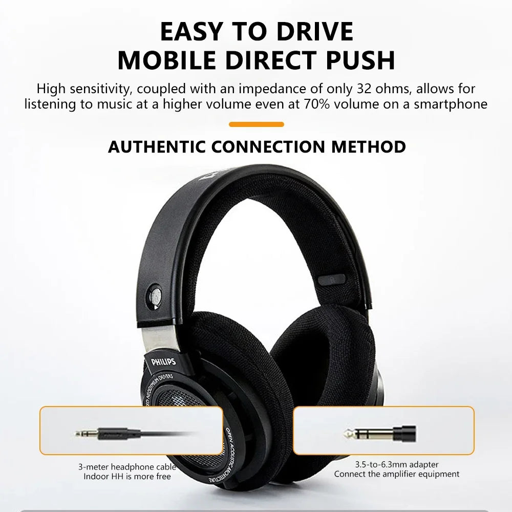 Black Philips SHP9500 over-ear game universal headset with sleek design and padded earcups for class music earbuds use