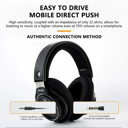 Black Philips SHP9500 over-ear game universal headset with sleek design and padded earcups for class music earbuds use
