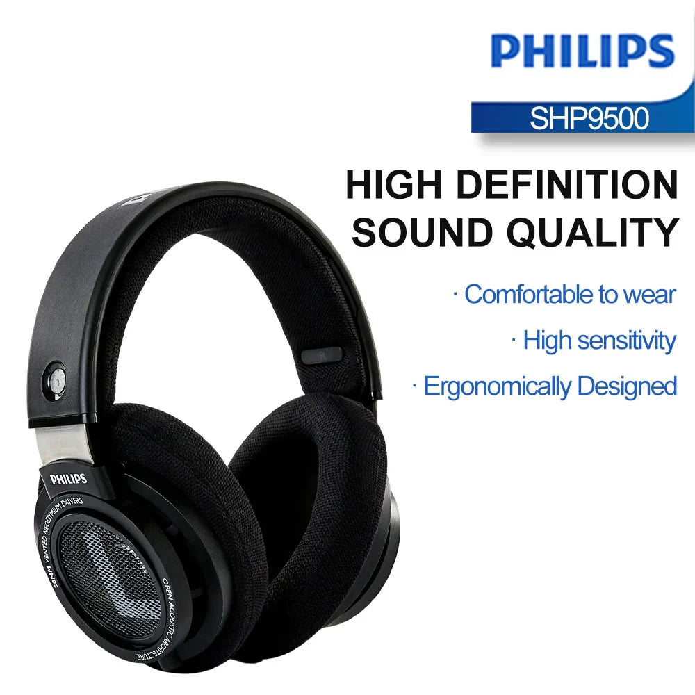 Black philips shp9500 over-ear wired headphones with ergonomic design delivering hi-fi stereo sound for game universal headset use