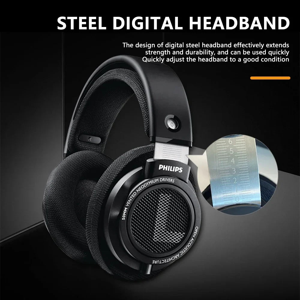 Black Philips SHP9500 over-ear wired headphones with steel headband and mesh drivers for monitor class music and game universal headset use