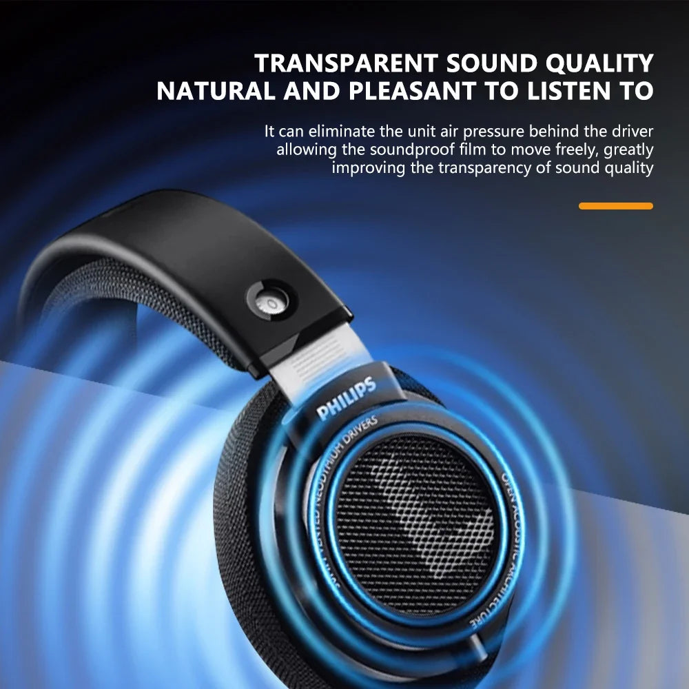 Black Philips SHP9500 over-ear wired headphones with blue accent rings designed as a game universal headset and class music earbuds