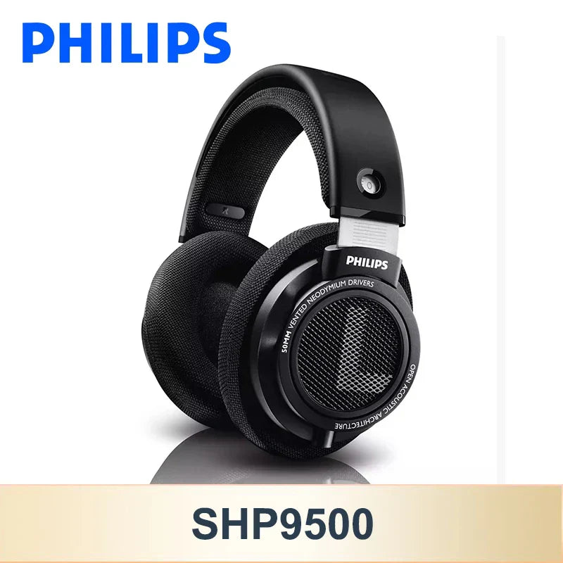 Black Philips SHP9500 game universal headset with sleek matte finish and mesh-covered drivers for class music earbuds