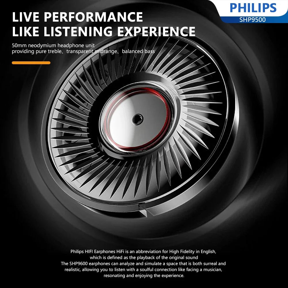 Philips shp9500 wired head-mounted headphones with sleek metallic finish and red accent ring for class music earbuds and game universal headset use