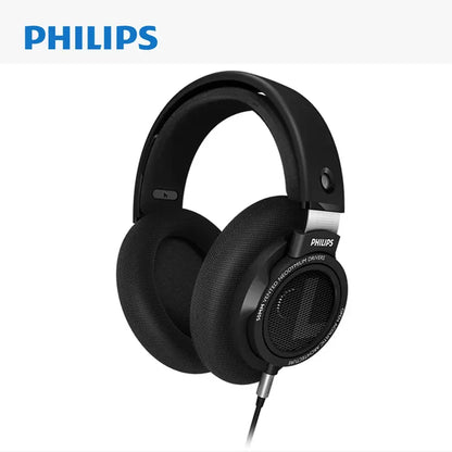 Black Philips SHP9500 wired over-ear headphones with silver accents and 3.5mm interface for computer laptop use