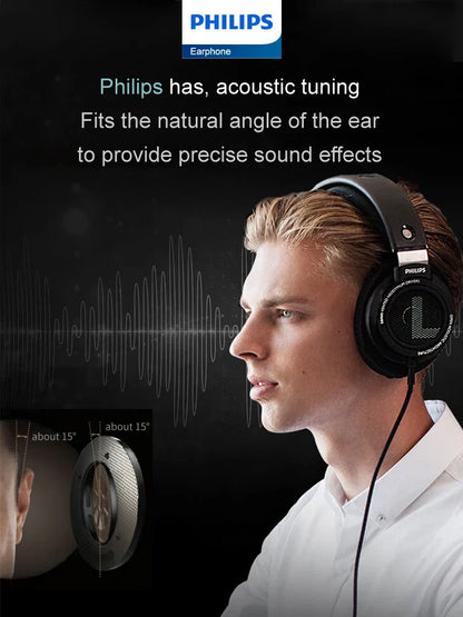 Black philips shp9500 wired over-ear headphones with metallic accents and 3.5mm interface for computer laptop phone universal headset