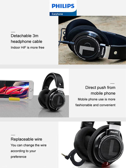 Black Philips SHP9500 wired over-ear headphones with sleek design and detachable 3m cable for phone universal headset use