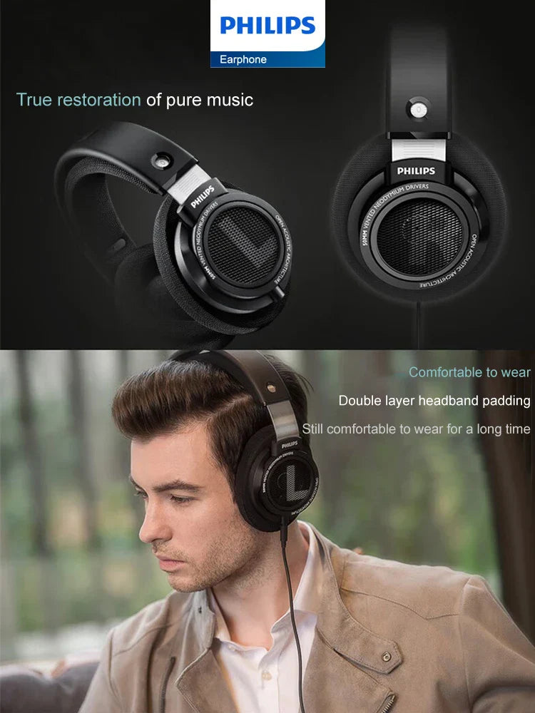 Black Philips SHP9500 over-ear headphones with metallic headband and 3.5mm 6.3mm interface for computer laptop and phone universal headset