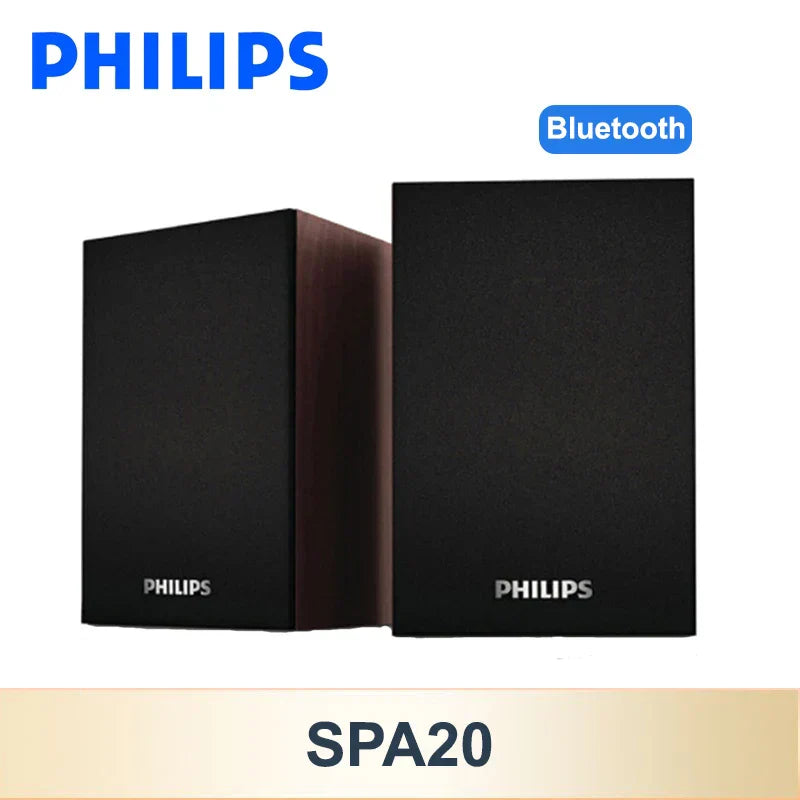 Black philips spa20 bluetooth speakers with wood-grain side panels for outdoor loudspeaker music and computer desktop mobile use