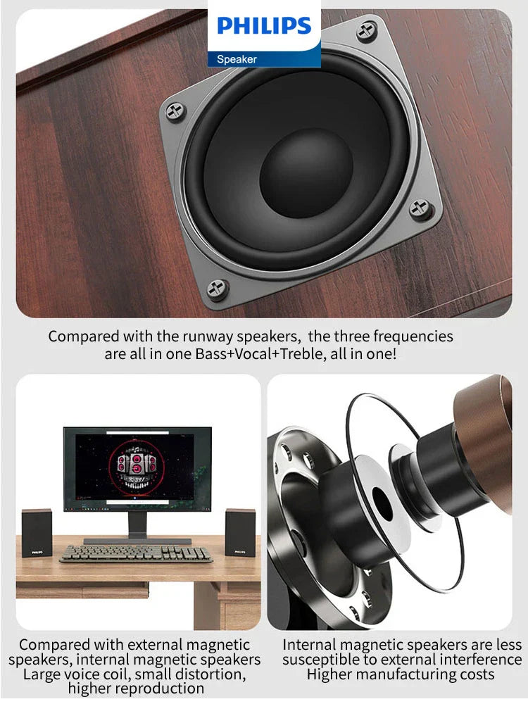 Philips SPA20 Bluetooth outdoor loudspeaker music player with a black circular driver in a silver frame on wood for computer desktop mobile use