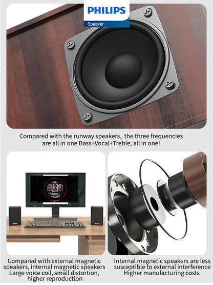 Philips SPA20 Bluetooth outdoor loudspeaker music player with a black circular driver in a silver frame on wood for computer desktop mobile use