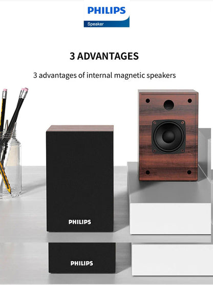 Philips spa20 bluetooth outdoor loudspeaker music player with wooden finish and black grille for computer desktop mobile