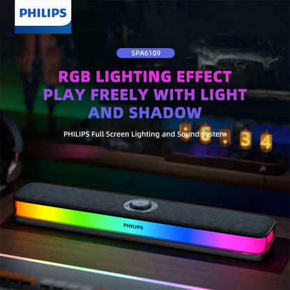Philips spa6109 gaming desktop soundbar with sleek black fabric finish and vibrant full screen rgb noise reduction lighting