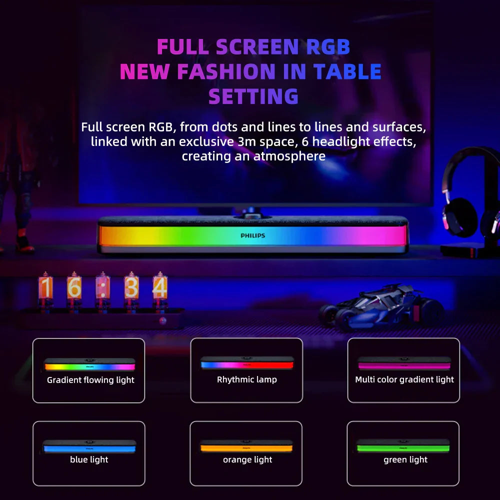 Philips spa6109 gaming full-screen rgb noise reduction soundbar with sleek black finish and vibrant multi-colored lighting